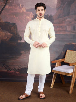 Sanwara - Men Stylish and Designer Cream White Woven Kurta and Churidar (Set of 2)