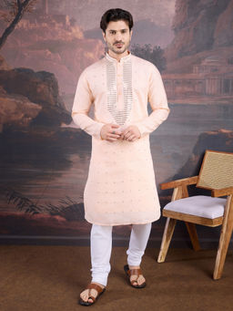 Sanwara - Men Designer Art Silk Peach Kurta and Churidar with Sequins Accent (Set of 2)