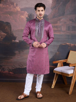Sanwara - Men Designer Art Silk Purple Kurta and Churidar with Sequins Accent (Set of 2)