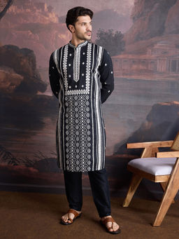 Sanwara - Men Premium Cotton Embroidered Sequinned Kurta and Pant In Black (Set of 2)