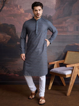 Sanwara - Men Cotton Chikankari Stylish Kurta and Pyjama In Grey (Set of 2)