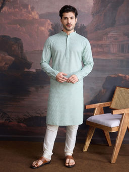 Sanwara - Men Cotton Light Green Chikankari Stylish Kurta and Pyjama (Set of 2)