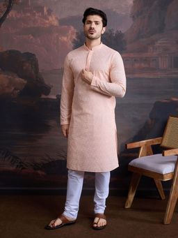 Sanwara - Men Cotton Chikankari Stylish Kurta and Pyjama In Light Pink (Set of 2)