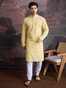 Sanwara - Men Cotton Chikankari Stylish Kurta and Pyjama In Light Yellow (Set of 2)