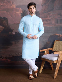 Sanwara - Men Cotton Chikankari Stylish Kurta and Pyjama In Sky Blue (Set of 2)