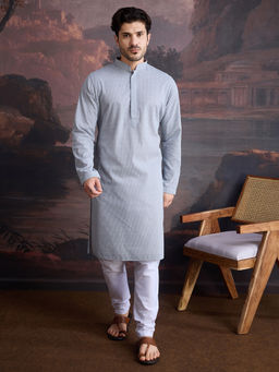 Sanwara - Men Cotton Chikankari Embroidered Kurta and Pyjama In Grey (Set of 2)