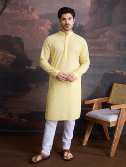Sanwara - Men Cotton Chikankari Embroidered Kurta and Pyjama In Light Yellow (Set of 2)