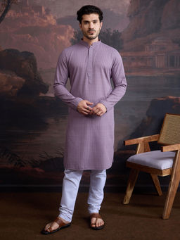 Sanwara - Men Cotton Chikankari Embroidered Kurta and Pyjama In Mauve Purple (Set of 2)