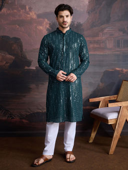 Sanwara - Men Stylish Chikankari and Sequined Firozi Green Kurta and Pant (Set of 2)