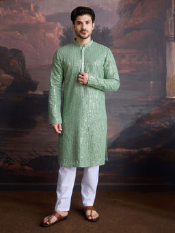 Sanwara - Men Stylish Chikankari and Sequined Green Kurta and Pant (Set of 2)