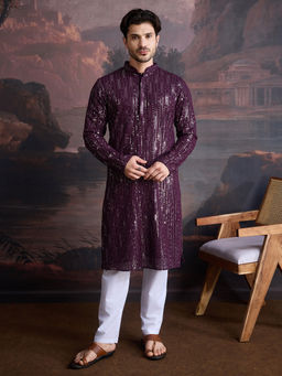 Sanwara - Men Stylish Chikankari Purple Kurta and Pant with Sequins Accents (Set of 2)