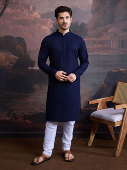 Sanwara - Men Cotton Chikankari Stylish Kurta and Pyjama In Deep Blue (Set of 2)