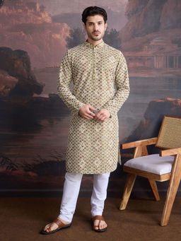 Sanwara - Men Designer Art Silk Gold Kurta and Pyjama with Sequins Accent (Set of 2)