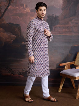Sanwara - Men Designer Printed Cotton Purple Kurta and Pyjama with Sequins Accent (Set of 2)