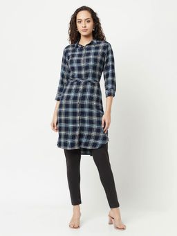 CRIMSOUNE CLUB - Women Navy Blue Checked Shirt Dress