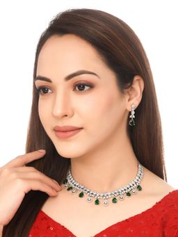 Yellow Chimes - Rhodium Plated and Green AD and Crystal Studded Jewellery Set of 2