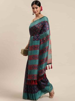 Silk Land - Bandhani Digital Printed Saree with Unstiched Blouse Piece Navy Blue with Unstitched