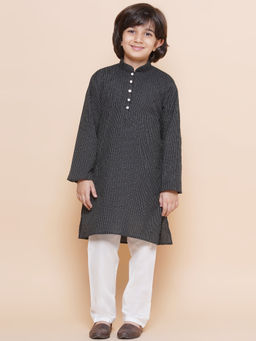 AJ Dezines - Boys Black Cotton Stripes & Thread Work Kurta with Pant (Set of 2)