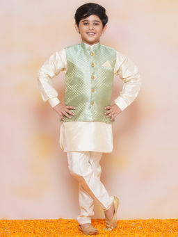 AJ Dezines - Boys Green Silk Solid Kurta with Pant & Nehru Jacket (Set of 3)