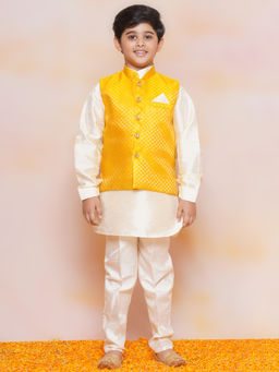 AJ Dezines - Boys Yellow Silk Solid Kurta with Pant & Nehru Jacket (Set of 3)