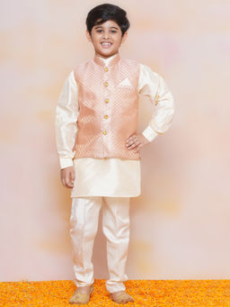 AJ Dezines - Boys Peach Silk Solid Kurta with Pant & Nehru Jacket (Set of 3)