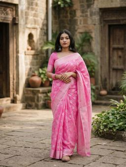 Anjaneya Sarees - Pink Designer Cotton Silk Floral Woven Saree with Unstitched Blouse
