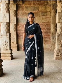 Anjaneya Sarees - Black Designer Cotton Silk Floral Woven Saree with Unstitched Blouse