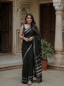 Anjaneya Sarees - Black Designer Cotton Silk Handloom Woven Saree with Unstitched Blouse
