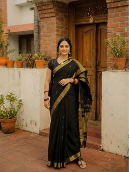 Anjaneya Sarees - Black Designer Cotton Silk Woven Saree with Unstitched Blouse