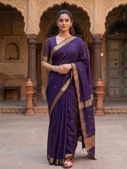 Anjaneya Sarees - Navy Blue Designer Cotton Silk Woven Saree with Unstitched Blouse