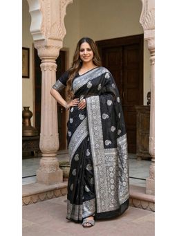 Anjaneya Sarees - Black Designer Cotton Silk Woven Saree with Unstitched Blouse