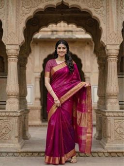Anjaneya Sarees - Wine Designer Cotton Silk Zari Woven Saree with Unstitched Blouse