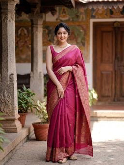 Anjaneya Sarees - Pink Designer Banarasi Silk Woven Saree with Unstitched Blouse