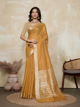 BFM - Mustard-Beige Solid Woven Design Linen Blend Saree with Unstitched Blouse