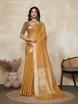 BFM - Mustard-Brown Solid Woven Design Linen Blend Saree with Unstitched Blouse