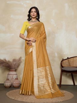 BFM - Mustard-Lemon Yellow Solid Woven Design Linen Blend Saree with Unstitched Blouse