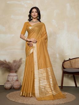 BFM - Mustard Solid Woven Design Linen Blend Saree with Unstitched Blouse