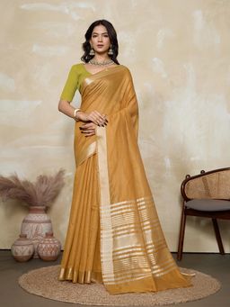 BFM - Mustard-Parrot Green Solid Woven Design Linen Blend Saree with Unstitched Blouse