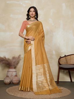 BFM - Mustard-Peach Solid Woven Design Linen Blend Saree with Unstitched Blouse