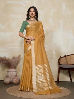 BFM - Mustard-Rama Green Solid Woven Design Linen Blend Saree with Unstitched Blouse