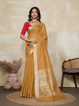 BFM - Mustard-Red Solid Woven Design Linen Blend Saree with Unstitched Blouse