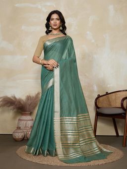 BFM - Teal-Beige Solid Woven Design Linen Blend Saree with Unstitched Blouse
