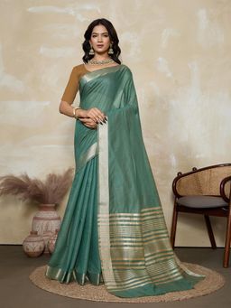 BFM - Teal-Brown Solid Woven Design Linen Blend Saree with Unstitched Blouse