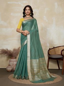 BFM - Teal-Lemon Yellow Solid Woven Design Linen Blend Saree with Unstitched Blouse