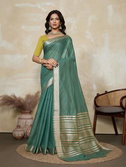 BFM - Teal-Parrot Green Solid Woven Design Linen Blend Saree with Unstitched Blouse