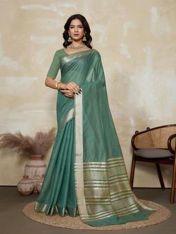 BFM - Teal-Rama Green Solid Woven Design Linen Blend Saree with Unstitched Blouse