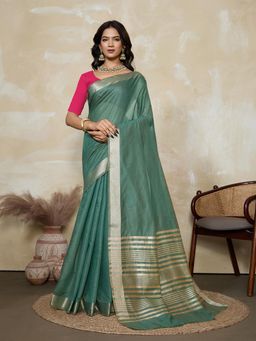 BFM - Teal-Rani Pink Solid Woven Design Linen Blend Saree with Unstitched Blouse