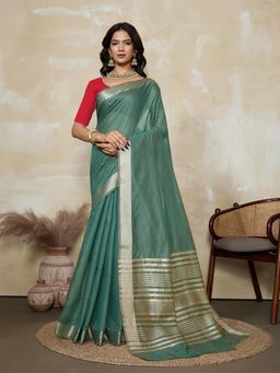 BFM - Teal-Red Solid Woven Design Linen Blend Saree with Unstitched Blouse