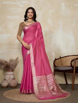 BFM - Rani Pink-Brown Solid Woven Design Linen Blend Saree with Unstitched Blouse