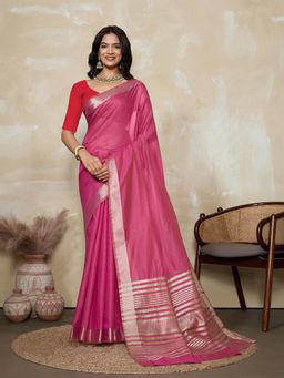 BFM - Rani Pink-Red Solid Woven Design Linen Blend Saree with Unstitched Blouse